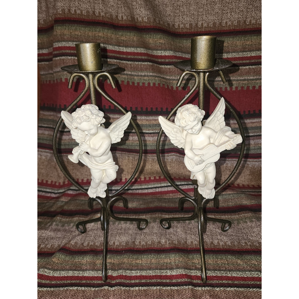 VTG House Of Lloyd‎ Set Of 2 Cherub Angel Candle Taper Holders Metal/Resin, 11”